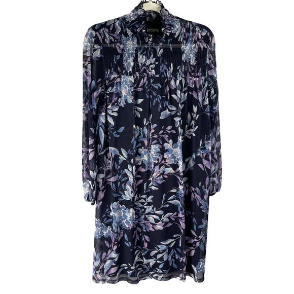 En Focus Studio Dress Womens 8 Navy Blue Purple Floral Smocked Mock Neck - Picture 1 of 16